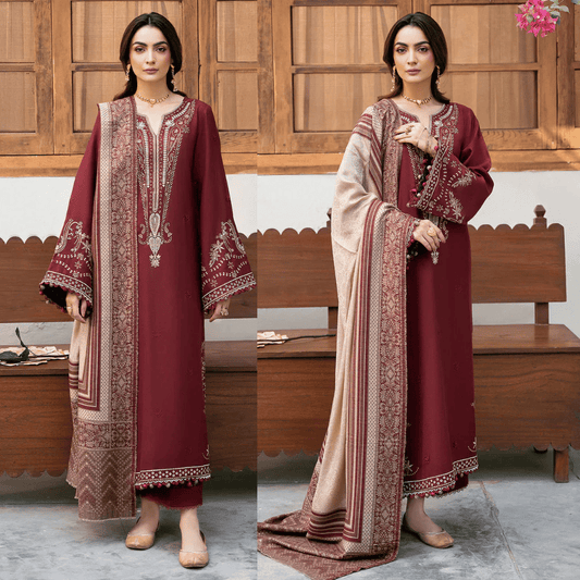 IZEL-3PC DHANAK EMBROIDERED SHIRT WITH COURTRAI PRINTED SHAWL - VL1273