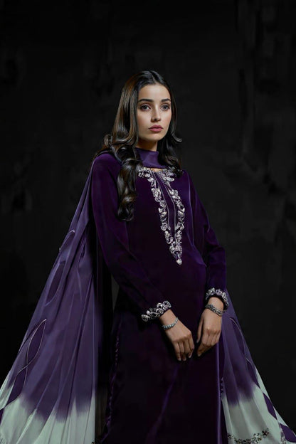 Veezal Embroidered Velvet Dress with Embroidered Karandi Shawl - VL994