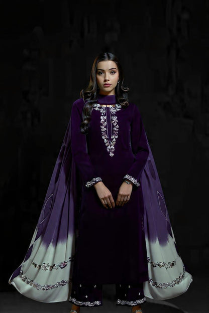 Veezal Embroidered Velvet Dress with Embroidered Karandi Shawl - VL994