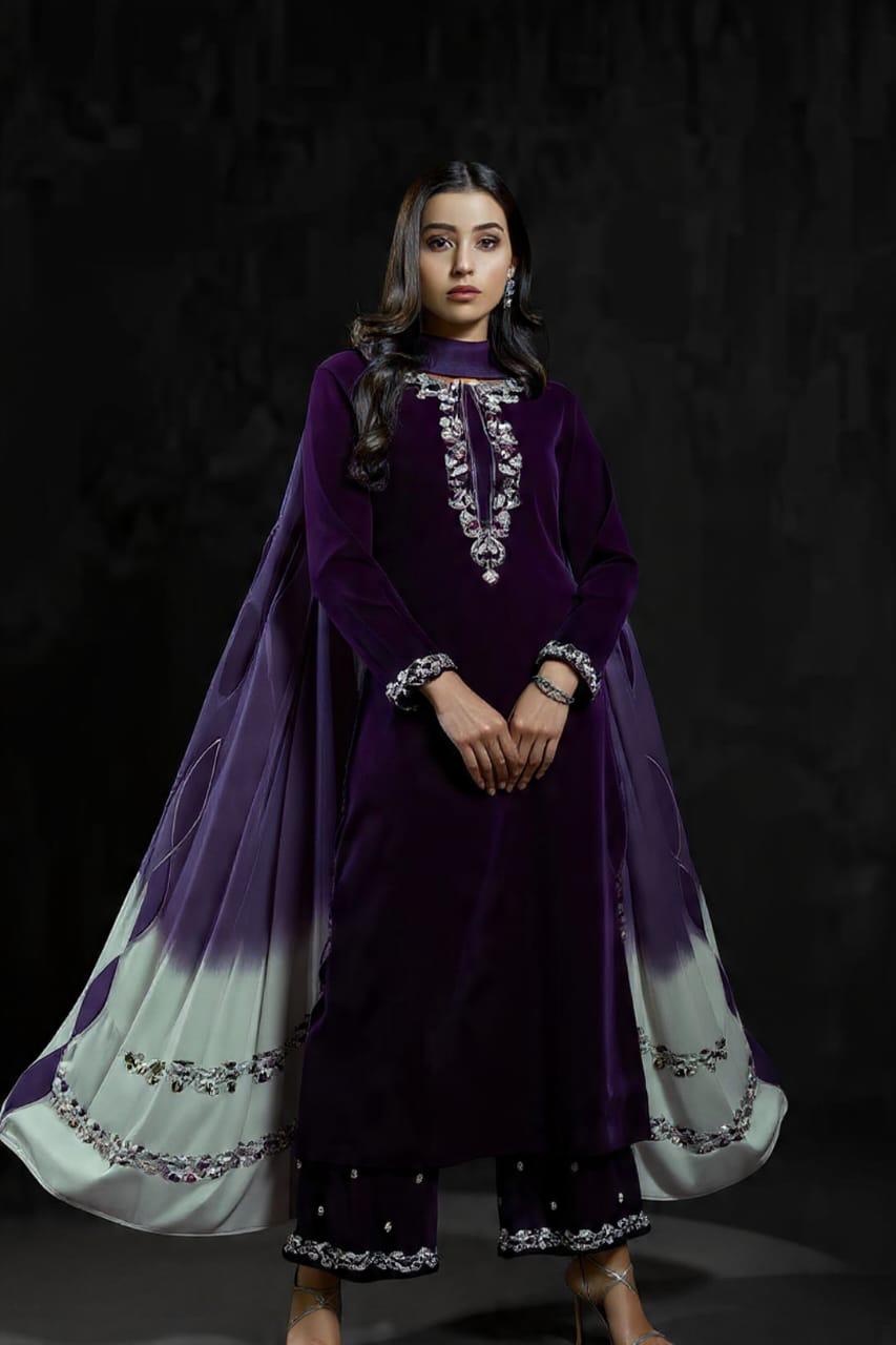 Veezal Embroidered Velvet Dress with Embroidered Karandi Shawl - VL994