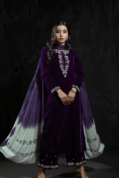 Veezal Embroidered Velvet Dress with Embroidered Karandi Shawl - VL994