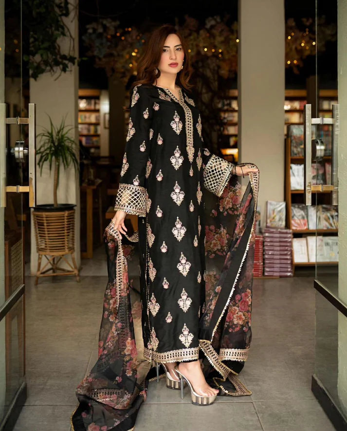 Mushq - 3PC Dhanak ChickenKari Embroidered Suit - VL1220