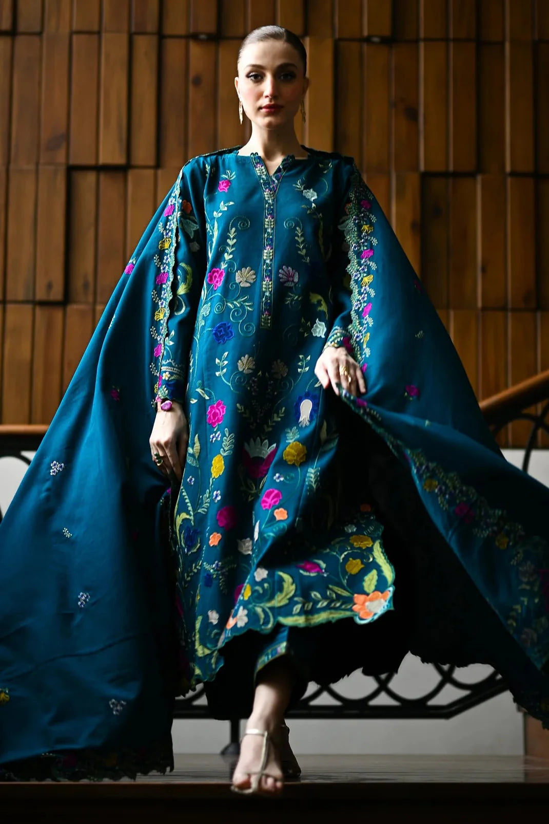 Nisa - 3PC DHANAK EMBROIDERED SHIRT WITH DHANAK EMBROIDERED SHAWL - VL1244