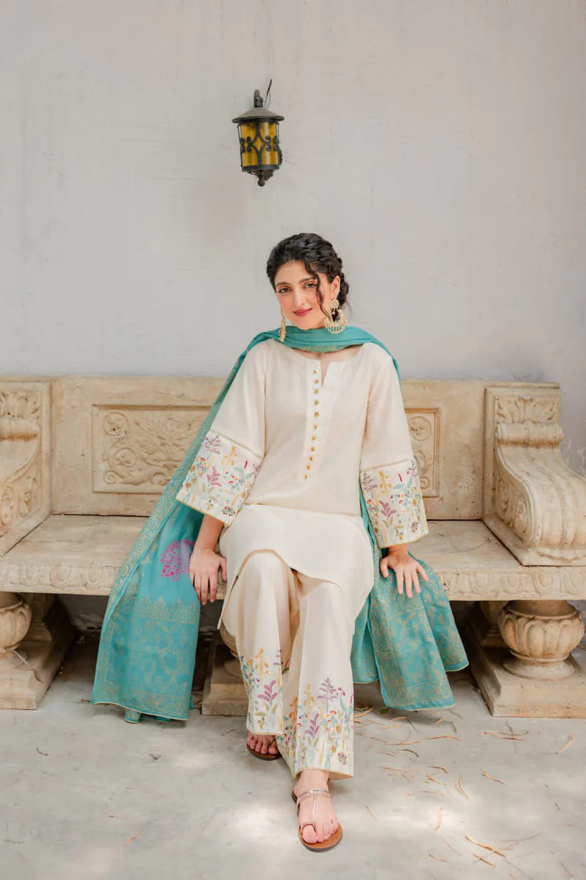 Vl683 off white Dhanak Embroidered three piece With Dhanak Shawl