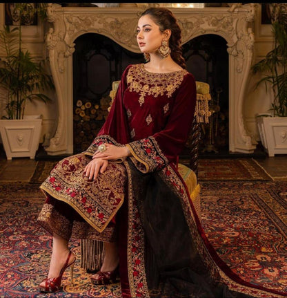 VL617 3PC Velvet Heavy Embroidered Shirt With Organza Heavy Embroidered Dupatta