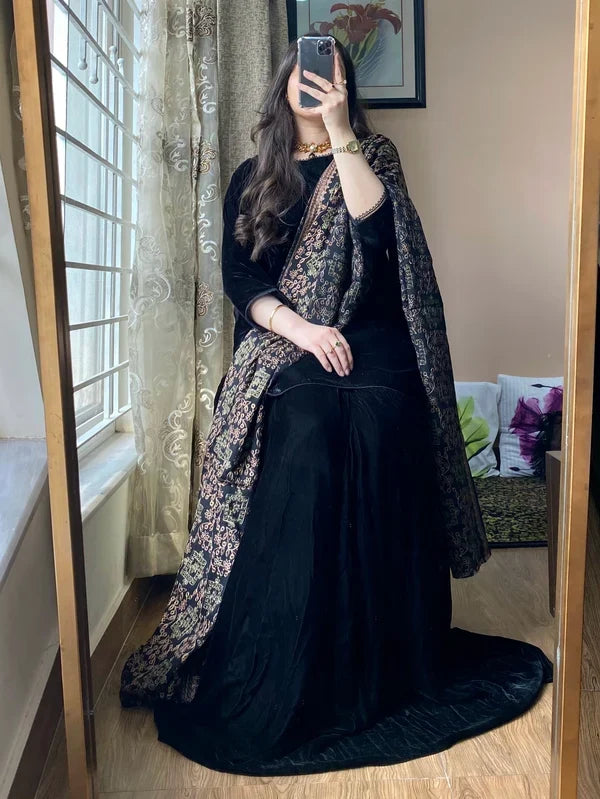 Azure - Winter Velvet Dress With Printed Dhanak Shawl VL 1661