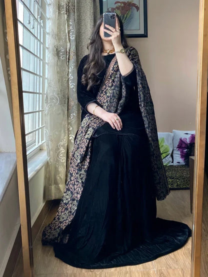 Azure - Winter Velvet Dress With Printed Dhanak Shawl VL 1661