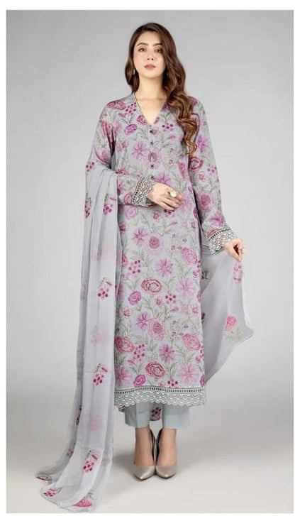 VL570 Bareeze -Embroidered 3pc linen dress with embroidered chiffon dupatta