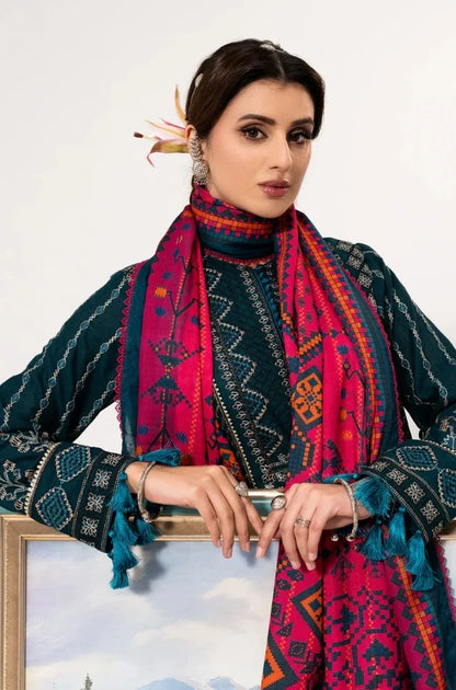 3PC Dhanak Embroidered Shirt With Wool Printed Shawl and Trouser - VL1676