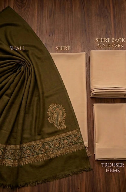 VL1603  Premium Beige & Olive Green 3-Piece Unstitched Suit With Printed Shawl
