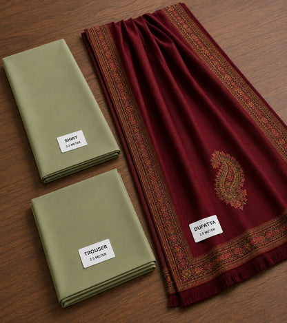 VL1605 - Elegant Sage Green 3-Piece Suit With Maroon Printed Shawl