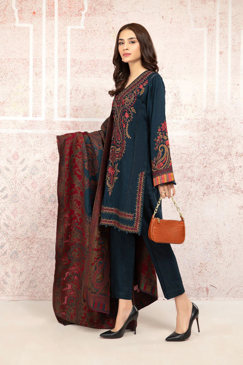 VL658 3PC Khaddar Embroidered Suit with Printed Wool Shawl