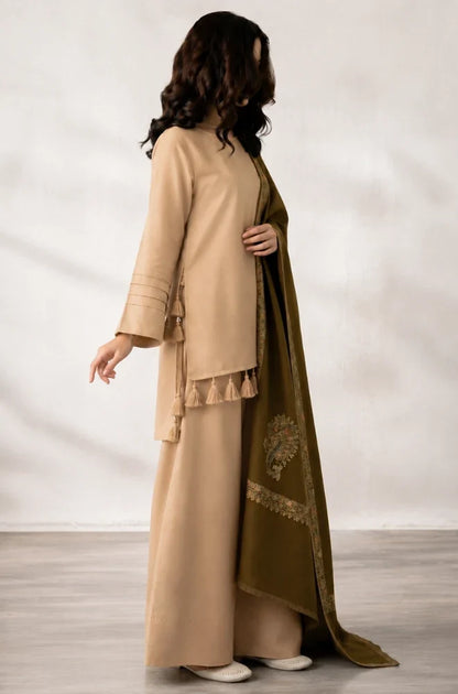 VL1603  Premium Beige & Olive Green 3-Piece Unstitched Suit With Printed Shawl