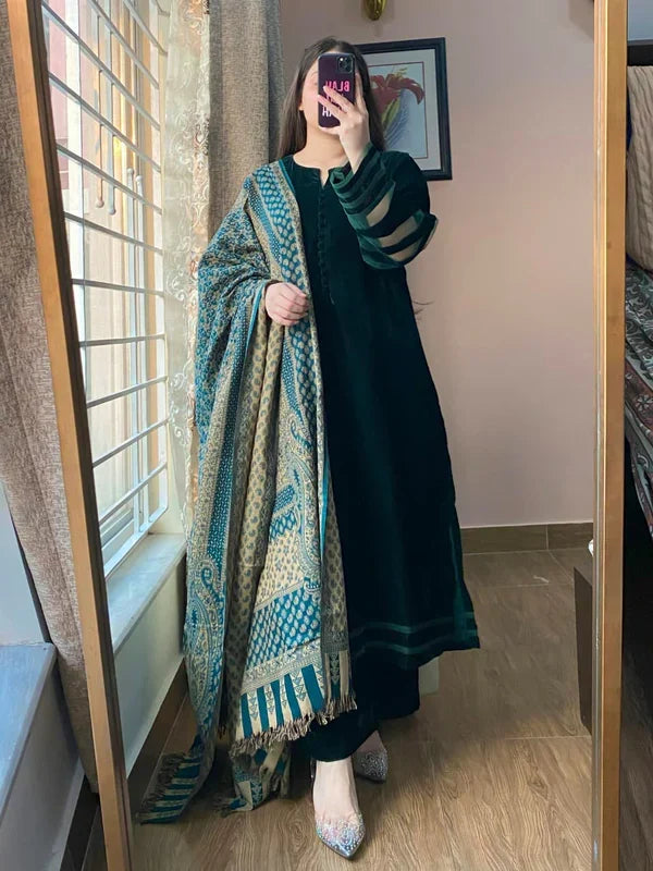 VL 1653 - Velvet Dress with Printed Dhanak Shawl