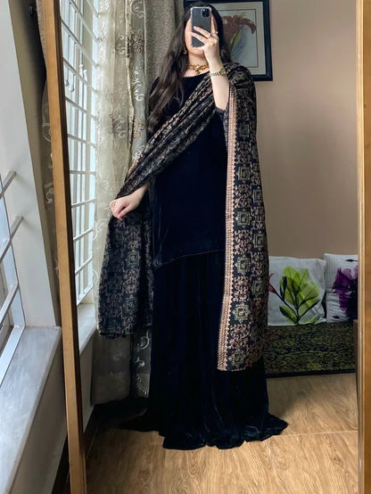 Azure - Winter Velvet Dress With Printed Dhanak Shawl VL 1661