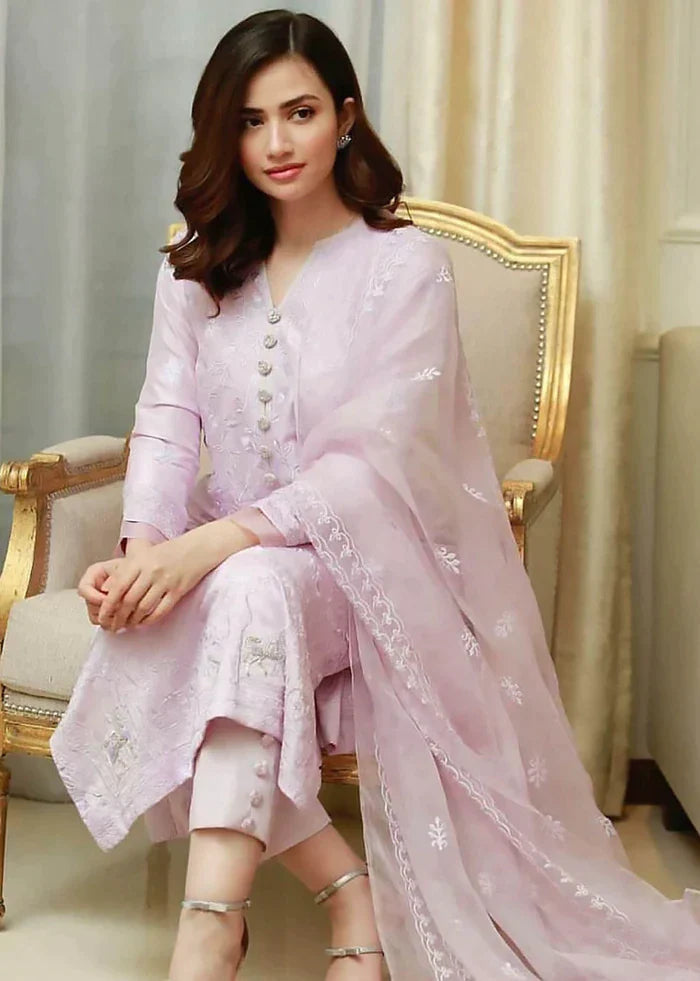 VL407 SANA JAVED - 3PC Lawn Heavy Embroidered Shirt With Bhamber Embroidered Dupatta