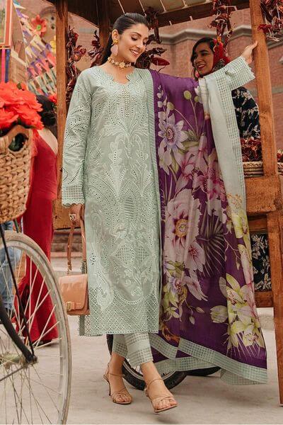 VL785 3 Piece Unstitched Heavy Embroidered Chickan Kari Lawn Suit ( Printed Silk Dupatta )
