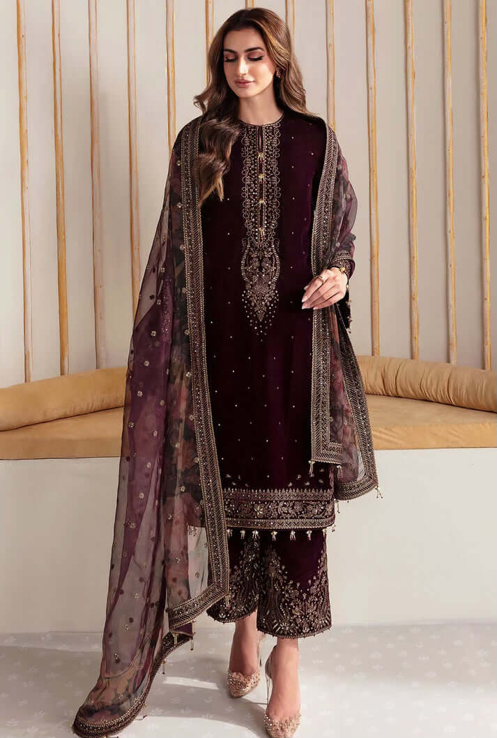 VL961 Winter Unstitched 3PCs Velvet Embroidered Dress With