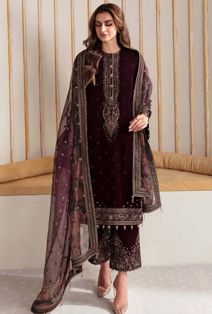 VL961 Winter Unstitched 3PCs Velvet Embroidered Dress With Embroidered Organza Dupatta