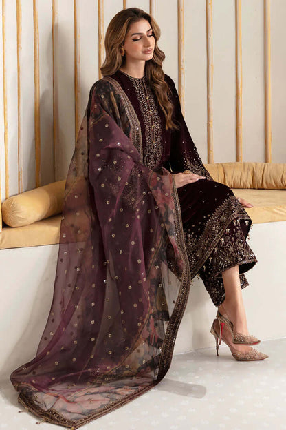 VL961 Winter Unstitched 3PCs Velvet Embroidered Dress With Embroidered Organza Dupatta