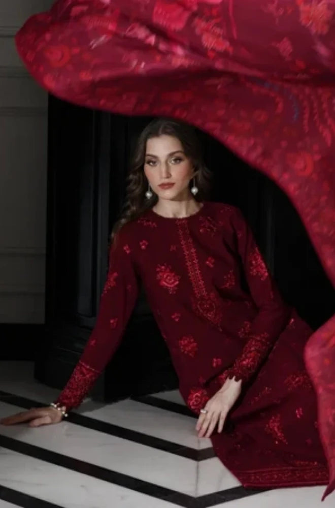 Zaib - 3PC Dhanak Embroidered Shirt With Wool Printed Dupatta and Trouser - VL1609