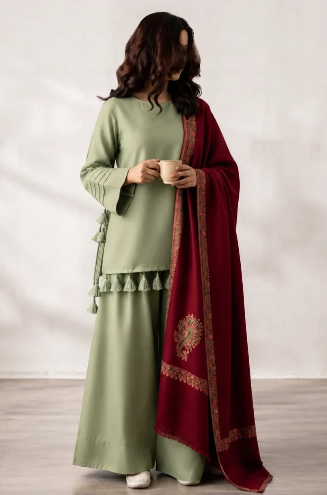 VL1605 - Elegant Sage Green 3-Piece Suit With Maroon Printed Shawl