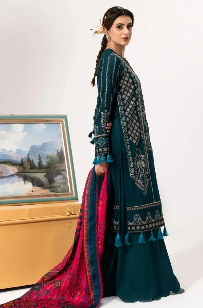 3PC Dhanak Embroidered Shirt With Wool Printed Shawl and Trouser - VL1676
