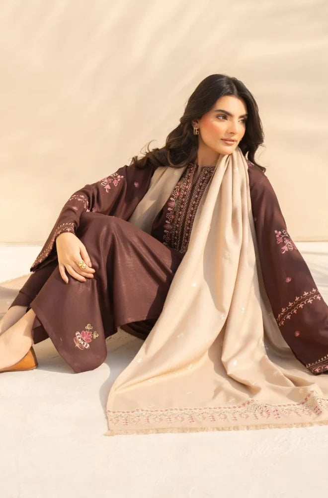 3PC Dhanak Embroidered Shirt With Wool Printed Dupatta and Trouser - VL1607