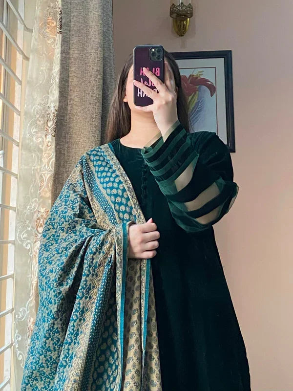 VL 1653 - Velvet Dress with Printed Dhanak Shawl