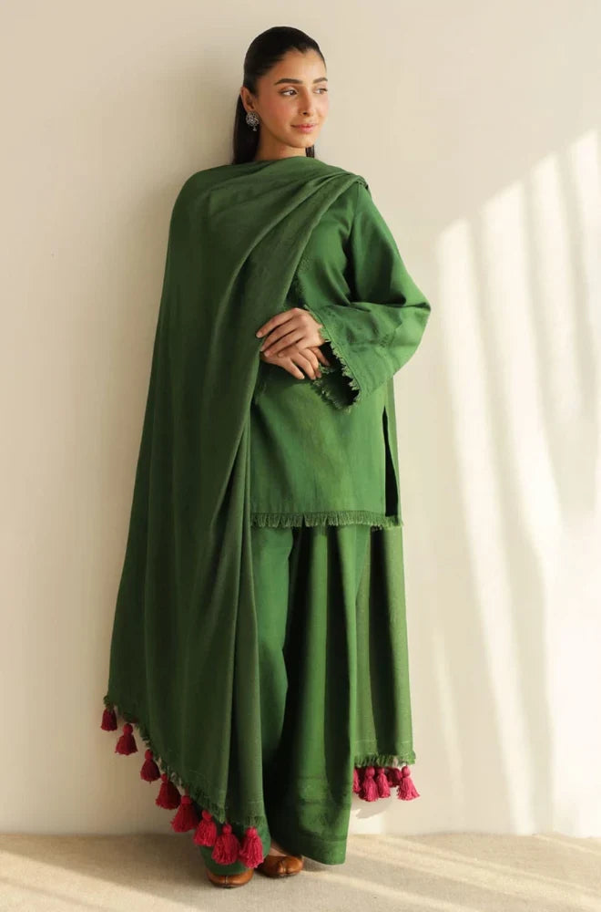 VL1604 Premium Emerald Green 3-Piece Unstitched Suit With Matching Shawl