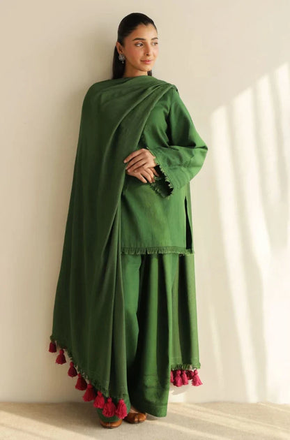 VL1604 Premium Emerald Green 3-Piece Unstitched Suit With Matching Shawl