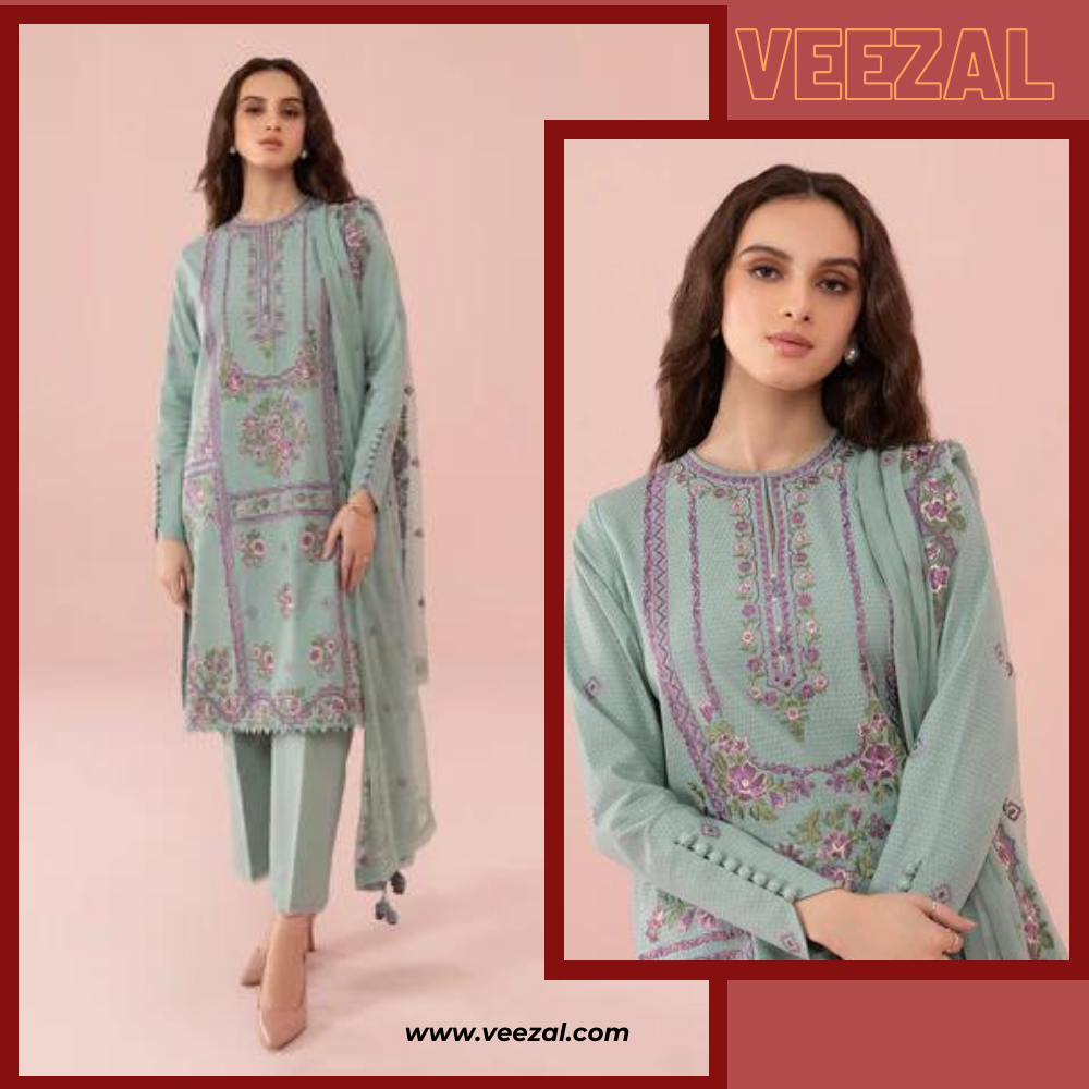 VL630 Sapphire, unstitched 3 piece embroidered linen suit.