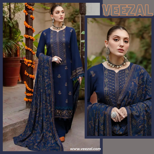 VL632 Bareeze Blue Embroidered Dhanak Three Piece Winter Collection