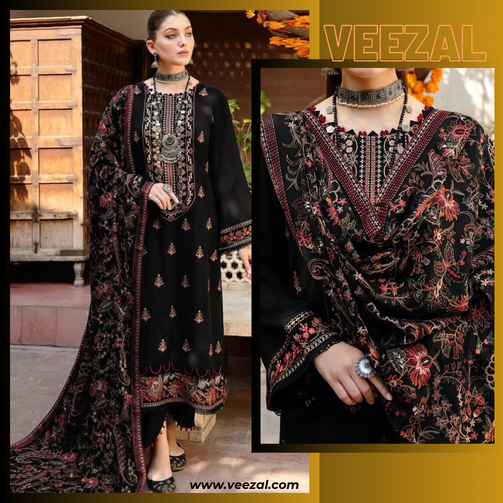 VL633 Bareeze Black Embroidered Dhanak Three Piece Winter Collection