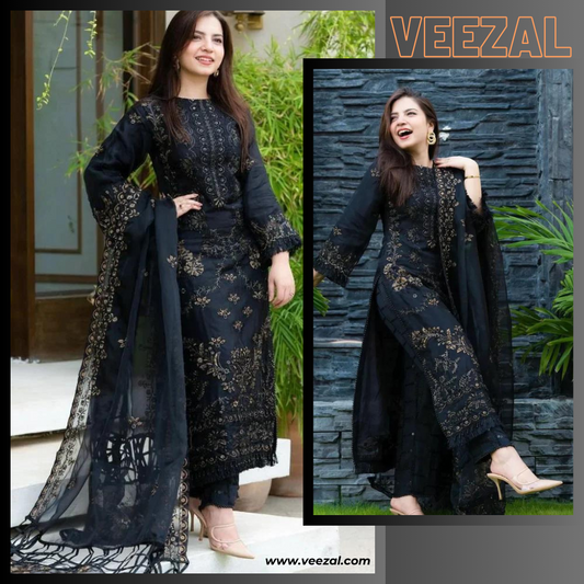 VL320 NISA - 3PC Dhanak Embroidered Shirt With Orgenza Embroidered Dupatta