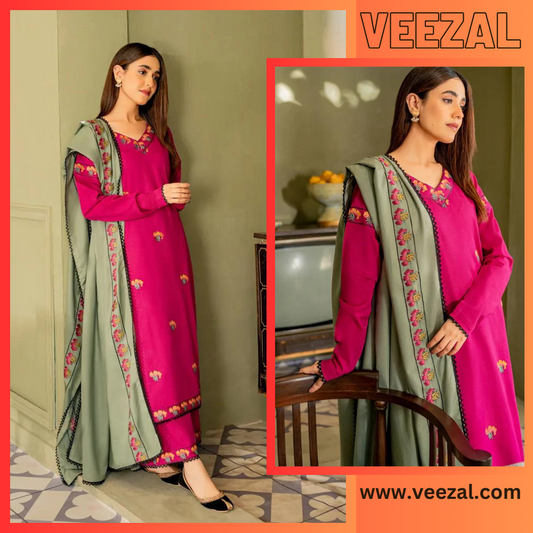 VL640 WINTER 3PC Dhanak suit with Embroidered Shawll