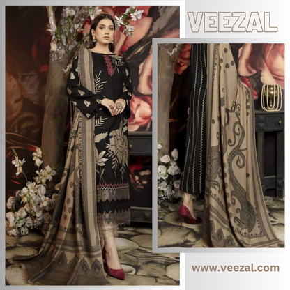 VL642 3 Piece Unstitched Heavy Embroidered Dhanak Suit (Printed Woolen Dupatta)