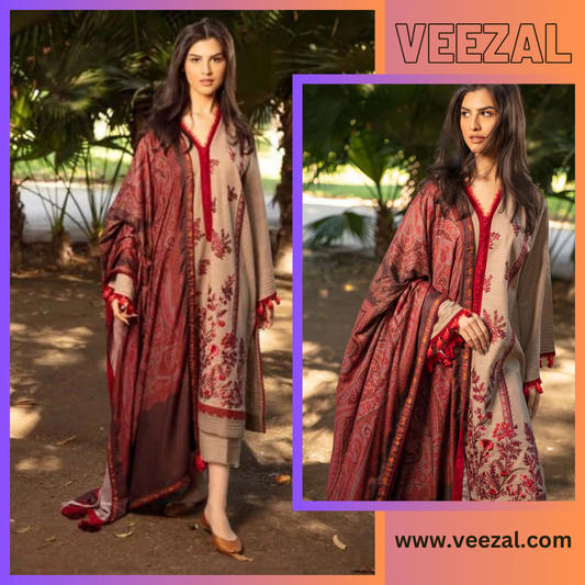 VL643 3 Piece Unstitched Heavy Embroidered Khaddar Suit ( Printed Woolen Shawl )