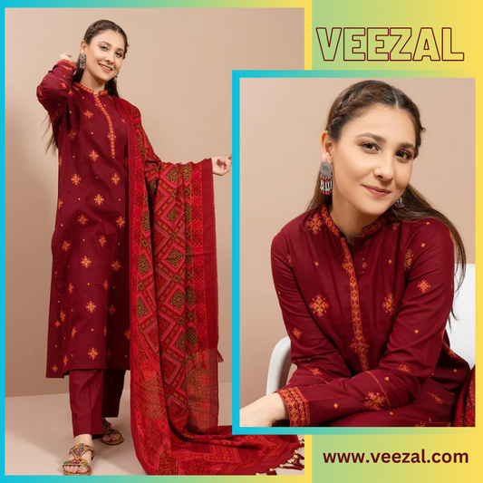 VL645 Kayseria - 3PC Dhanak Embroidered Shirt With Print Wool Shawl