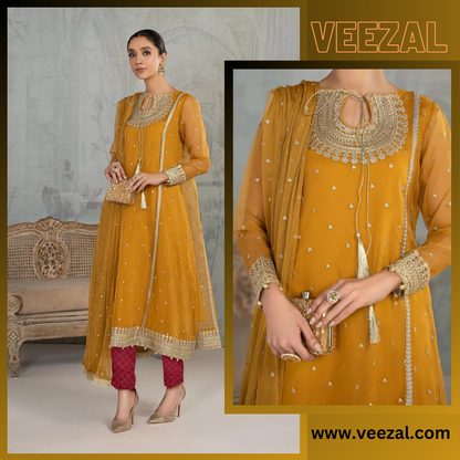 VL652 Maria B, Unstitched 3 piece Embroidered chiffon suit.