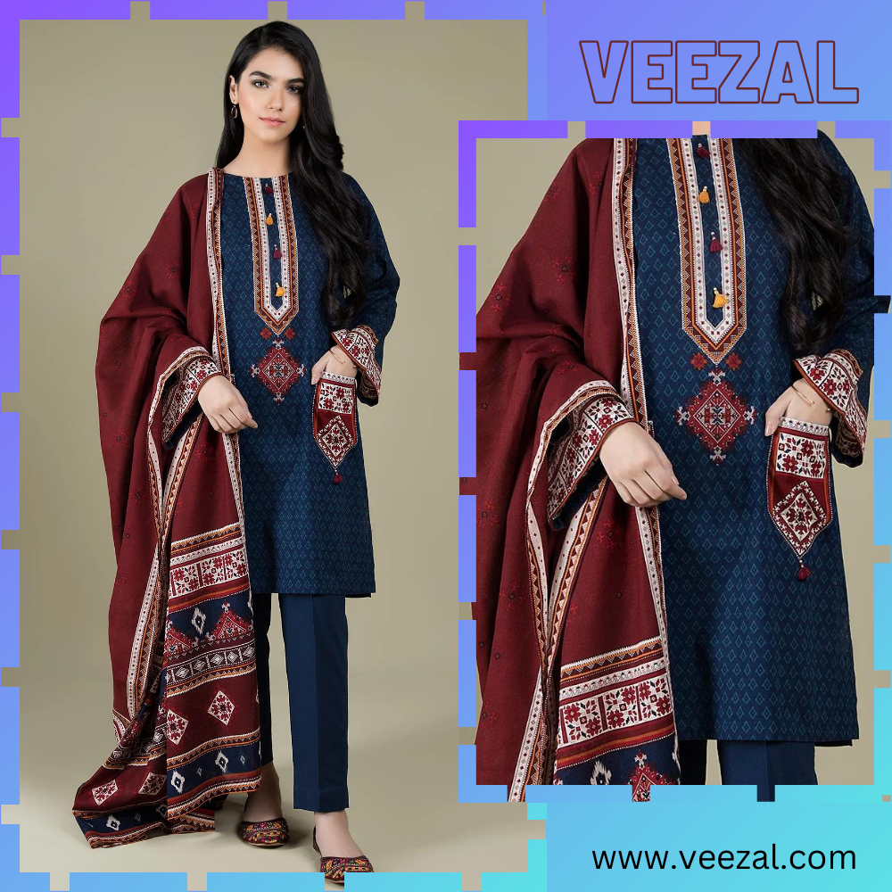 VL2094 3PC Linen Embroidered suit with Embroidered Shawll
