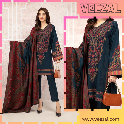 VL658 3PC Khaddar Embroidered Suit with Printed Wool Shawl