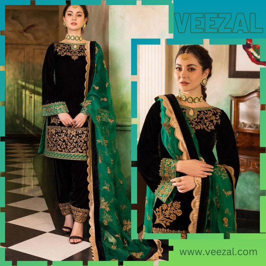 VL953 3-Piece Unstitched Heavy Embroidered Velvet Suit ( Four Sided Embroidered Organza Dupatta )