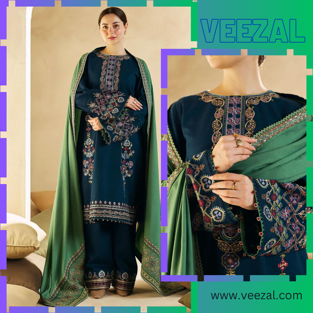 VL669 Embroidered Dhanak Suit with Heavy Embroidered Dhanak Shawl