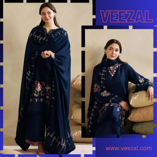VL672 WINTER 3-Pc Embroidered Dhanak Suit with Heavy Embroidered Dhanak Shawl
