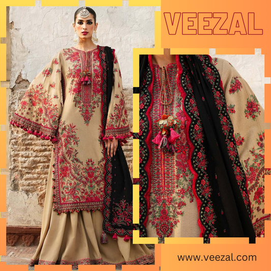 VL674 3-Piece Unstitched Heavy Embroidered Dhanak Wool Suit ( Four Sided Embroidered Dhanak Shawl )