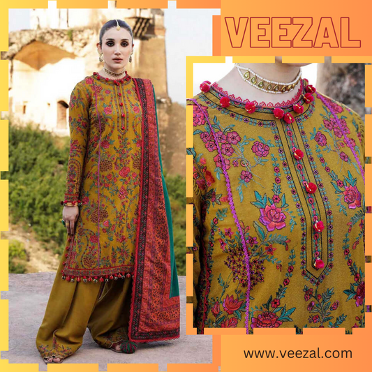 VL673 3-Piece Unstitched Heavy Embroidered Dhanak Wool Suit ( Printed Woolen Shawl )