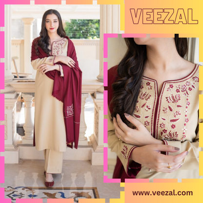 VL313 3PC Dhanak suit with Embroidered Shawl