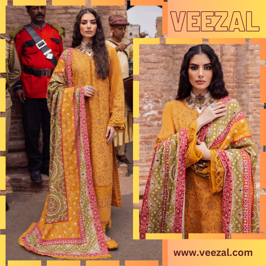 VL675 Bareeze - 3PC Dhanak CHickenkari Embroidered Shirt With Printed Wool Shawl