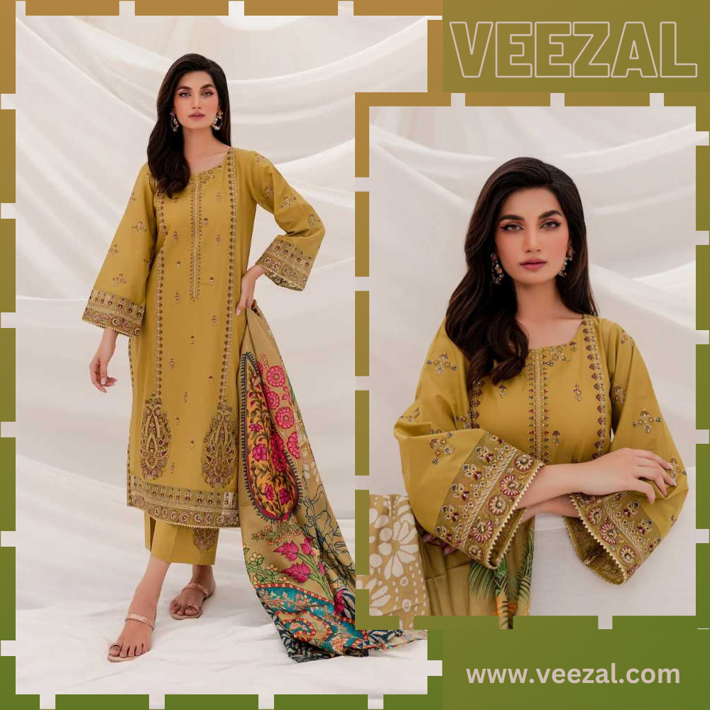 VL680 Baroque - 3PC Dhanak Embroidered Shirt With Printed Print Wool Shawl